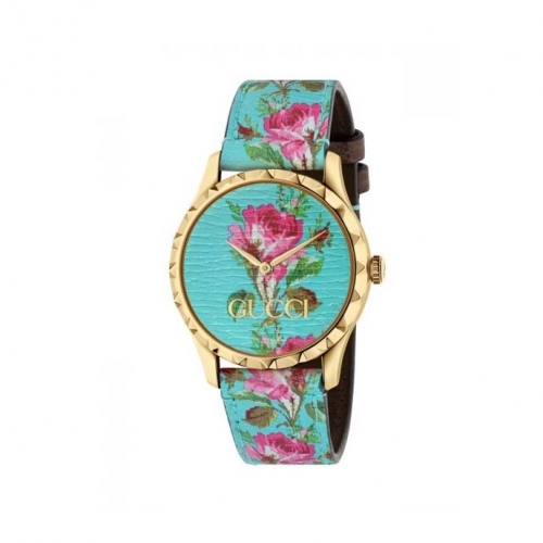 Gucci G-Timeless Aqua Floral Print Dial Ladies Leather Watch  38MM